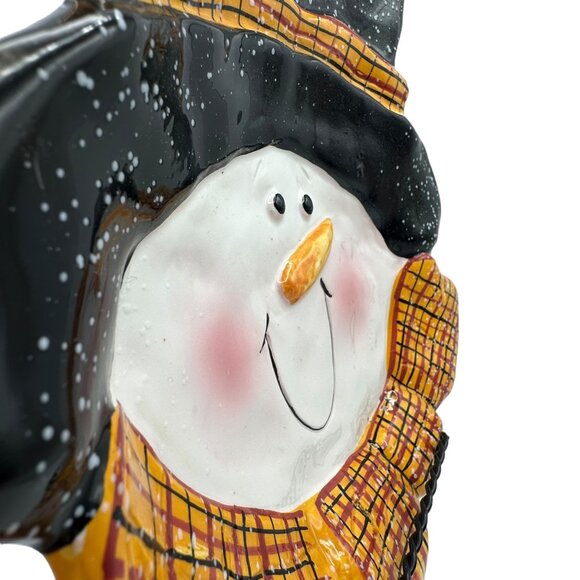 Christmas Snowman Candy Dish Plate Ceramic Pottery Trinket Scarf Yellow Black - Picture 8 of 12